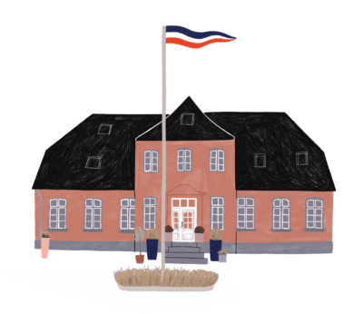 Illustrationen Ferienhaus altes Bauernhaus mit Flagge Küselhof auf Fehmarn